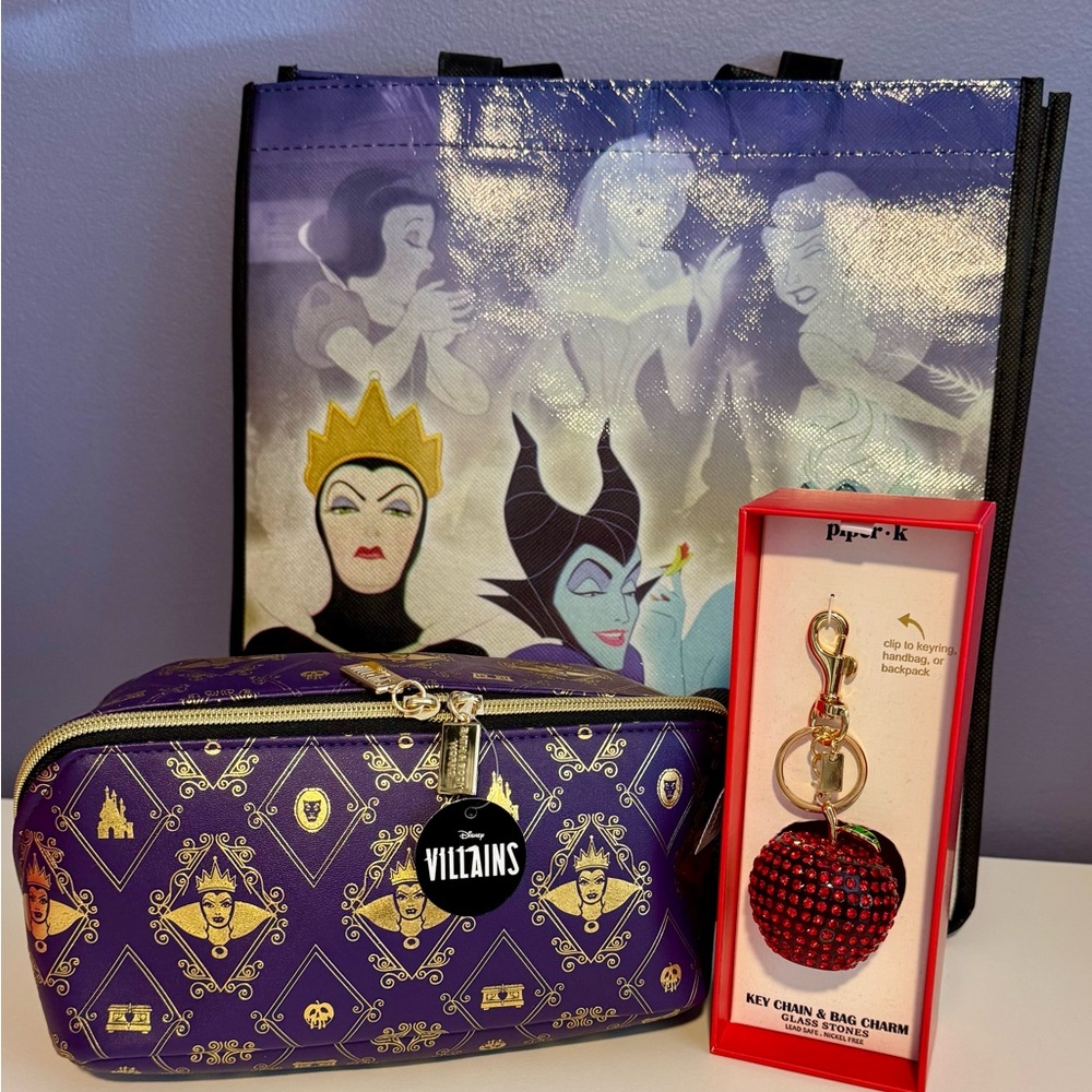 🎃 Disney Villains Purple Cosmetic Bag & Rhinestone Apple Charm